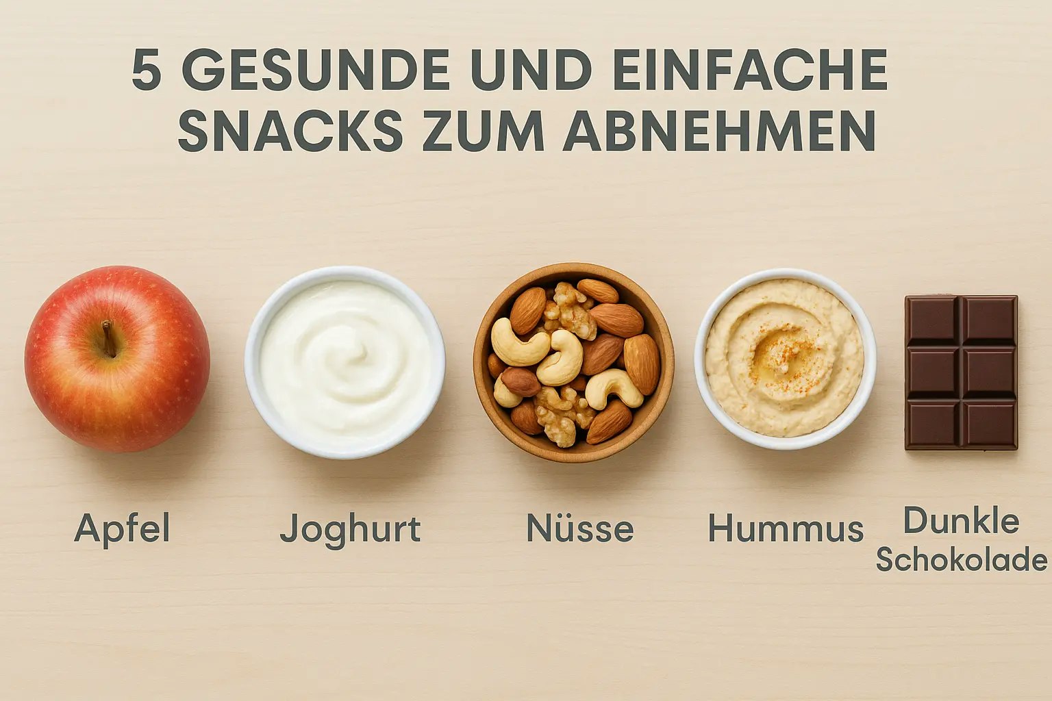 gesunde und einfache snacks zum abnehmen. Apfel, Joghurt, Nüsse, Hummus und Dunkle Schokolade.