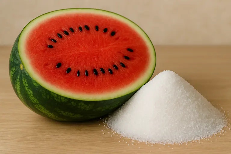 Bild einer Wassermelone mit Zucker nebendran