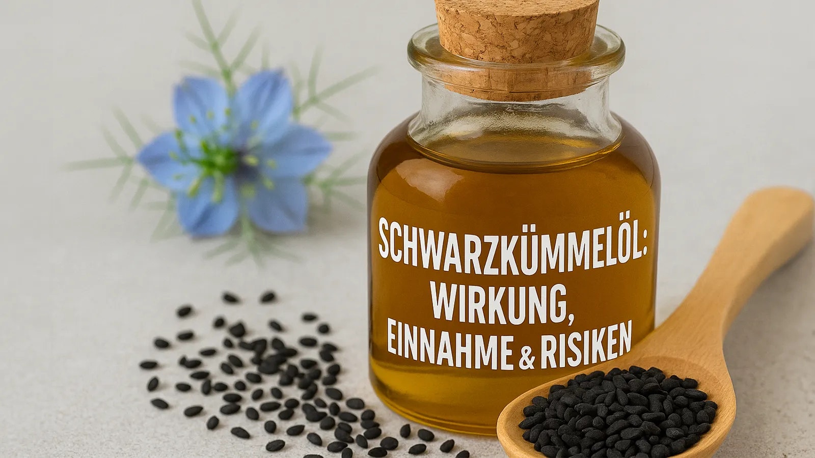 Ein Flasche voll mit Schwarzkümmelöl und ein Löffel mit Samen.
