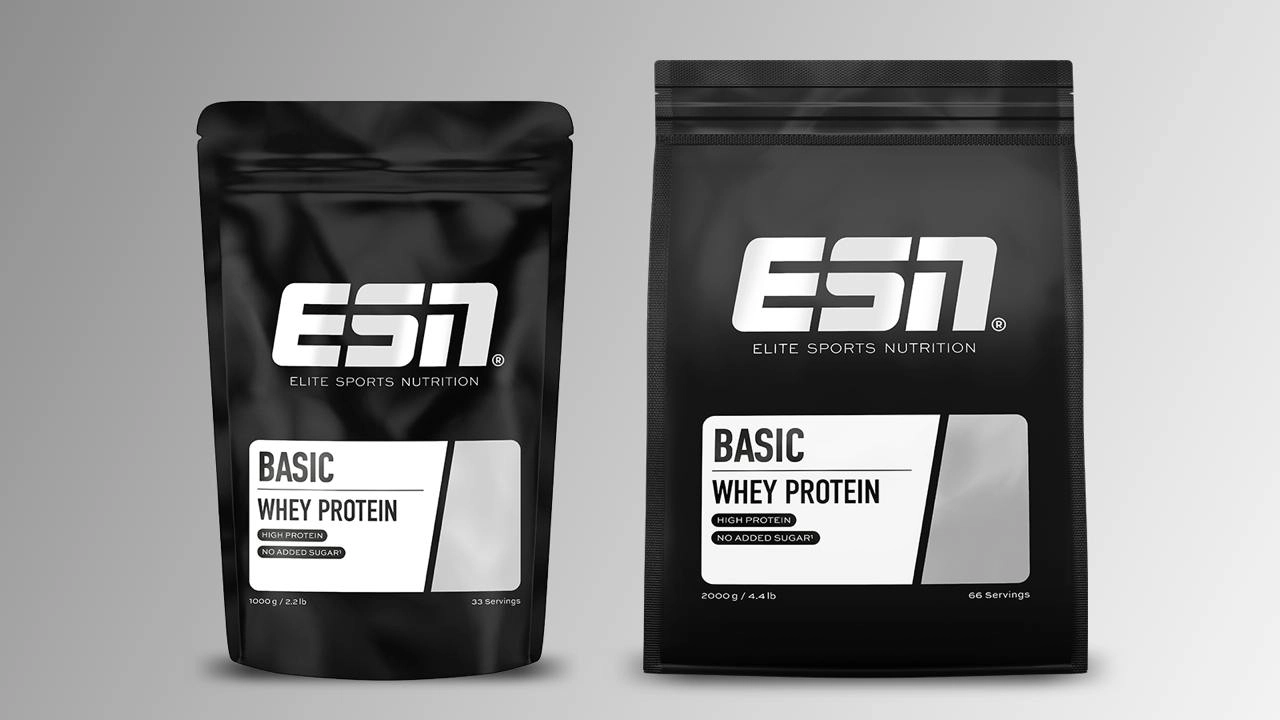 Produktbilder zweier Tüten Basic Whey Protein von ESN.