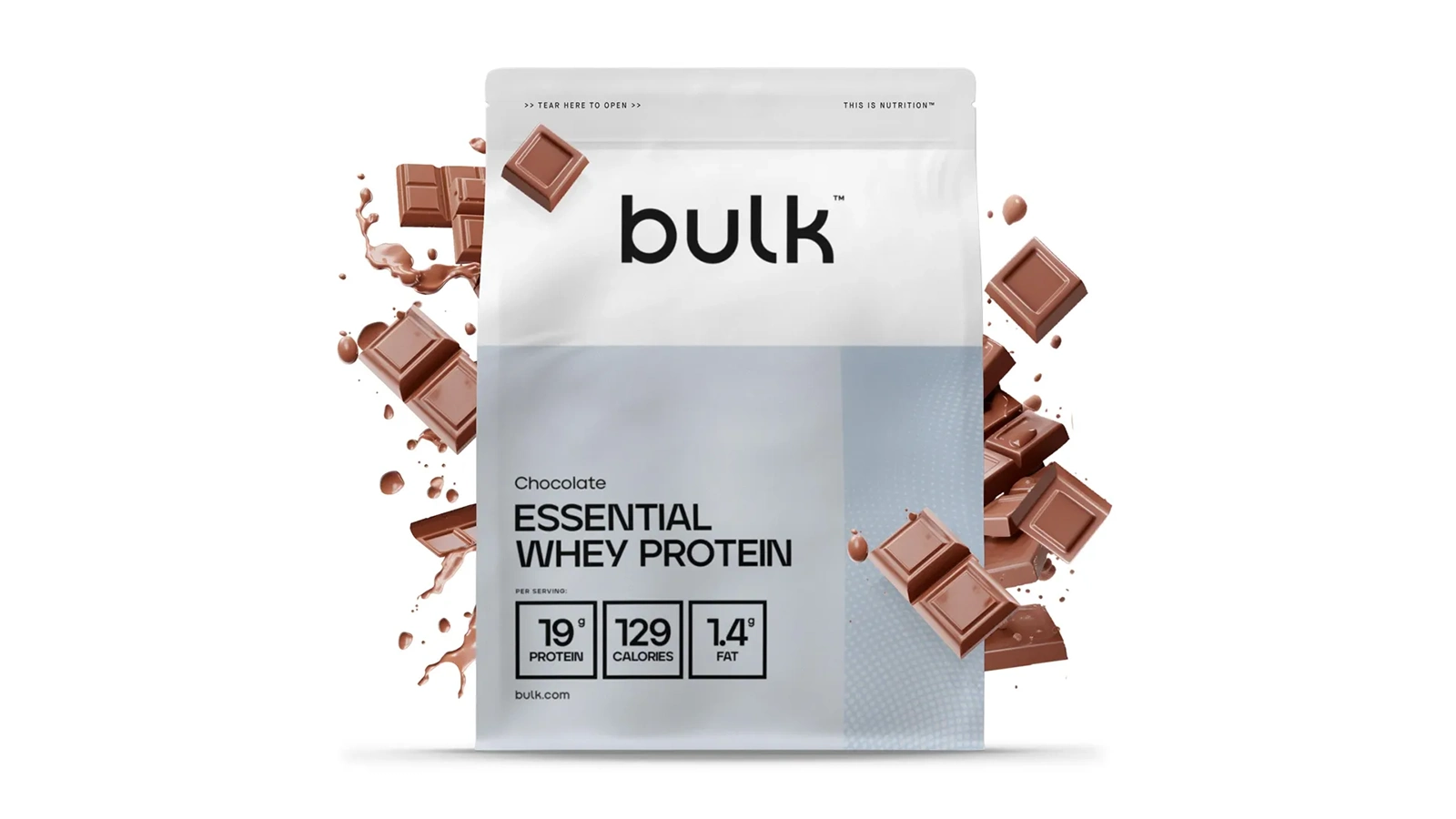 Produktbild von einer Tüte mit Whey Protein von Bulk.
