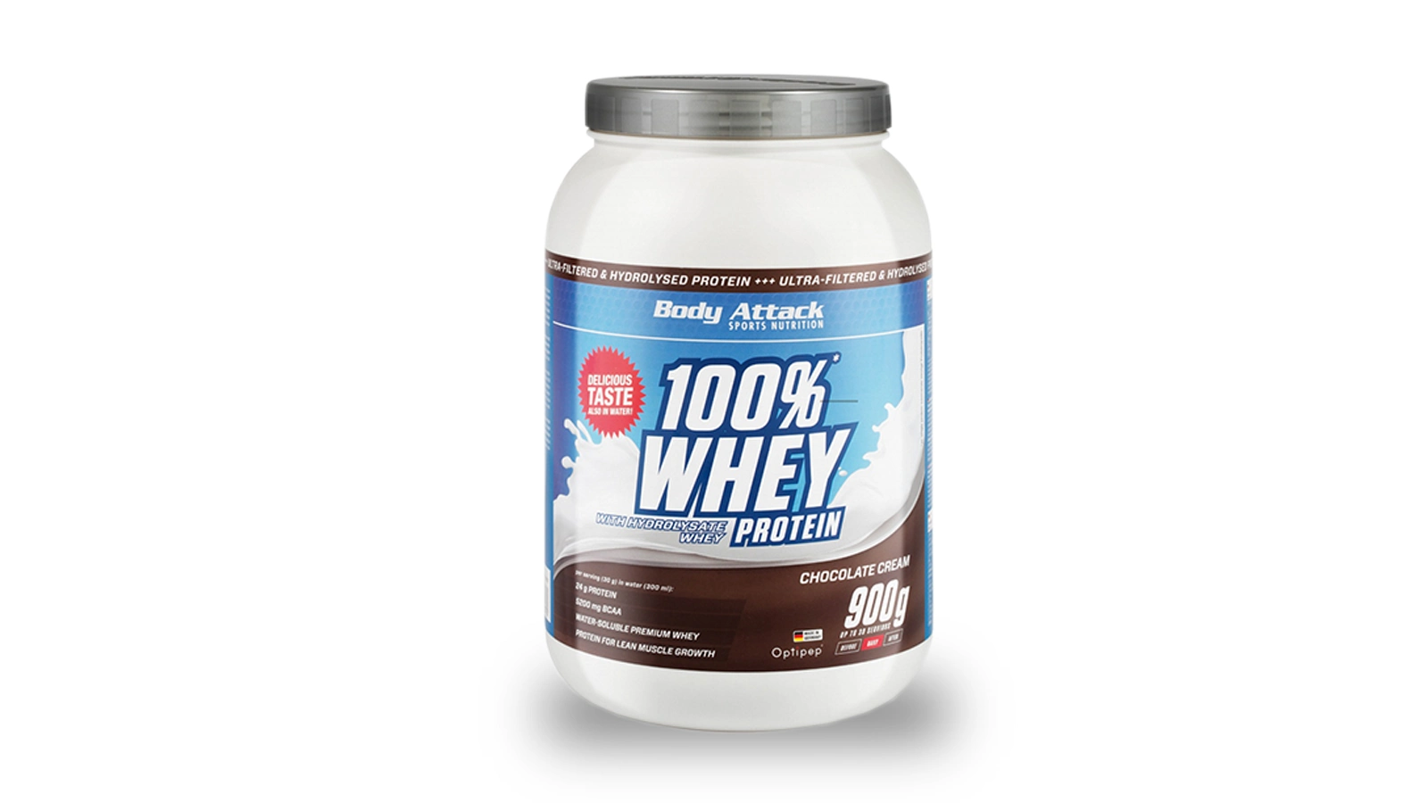 Produktbild einer Dose mit Whey Protein von Body Attack.