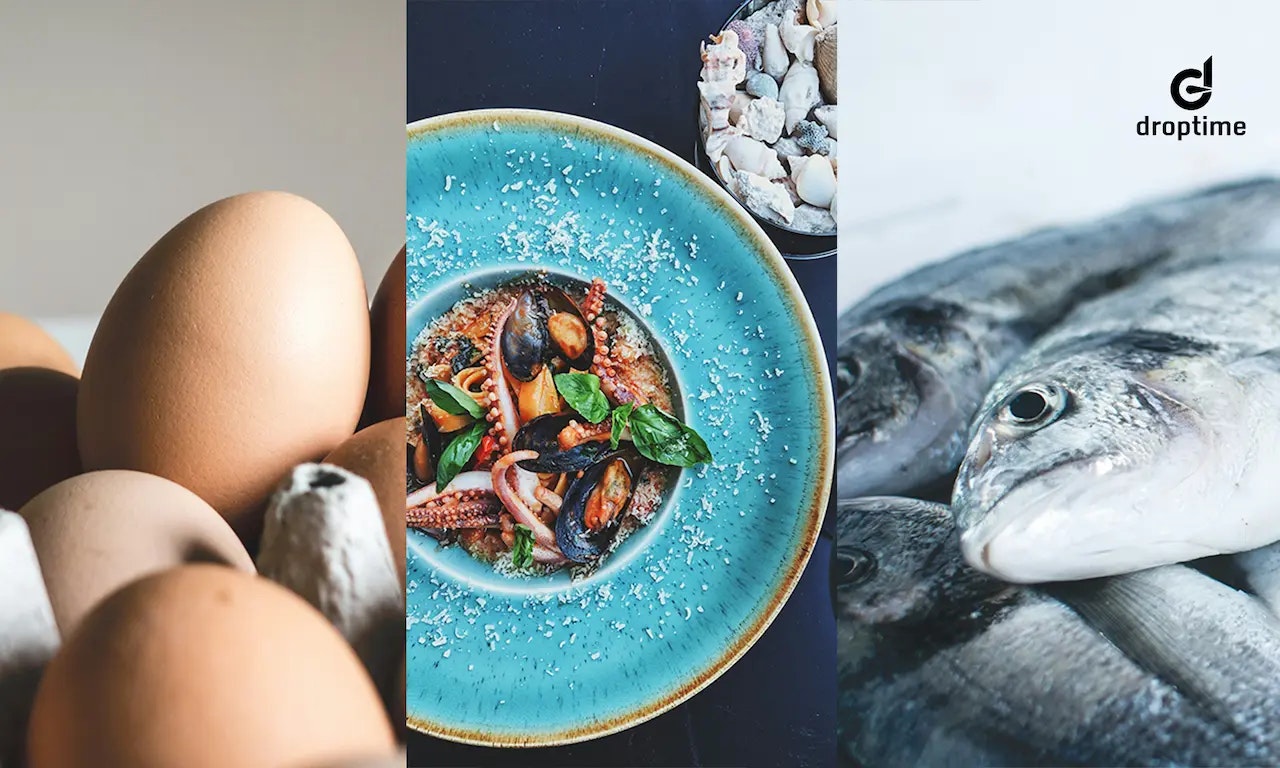 auf dem bild sind zu tierische omega-3 quellen zu sehen, eier, fisch und meeresfrüchte