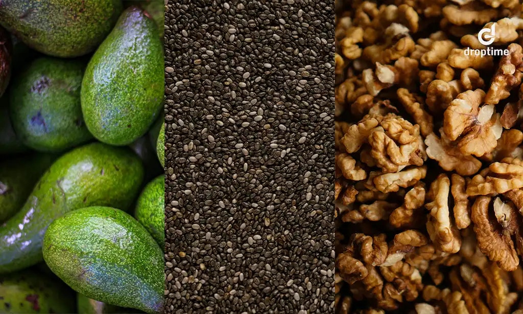 auf dem Bild sind pflanzliche omega 3 quellen zu sehen, walnüsse, chiasamen & avocado