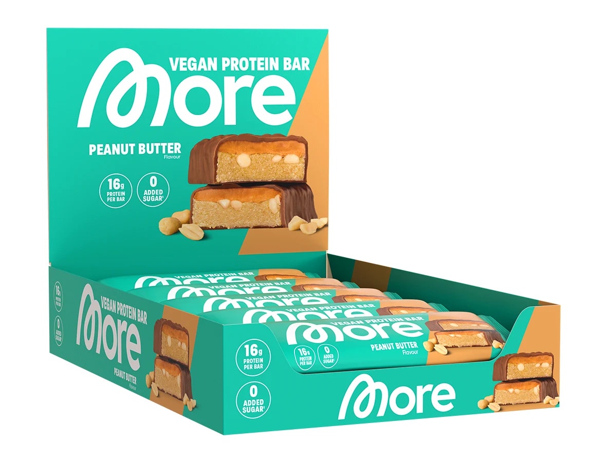 Produktbild einer Box voller More Vegan Protein Bars.