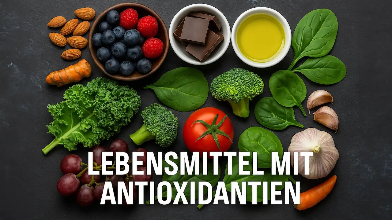 Mehrere Lebensmittel mit Antioxidantien auf dunklem Hintergrund.