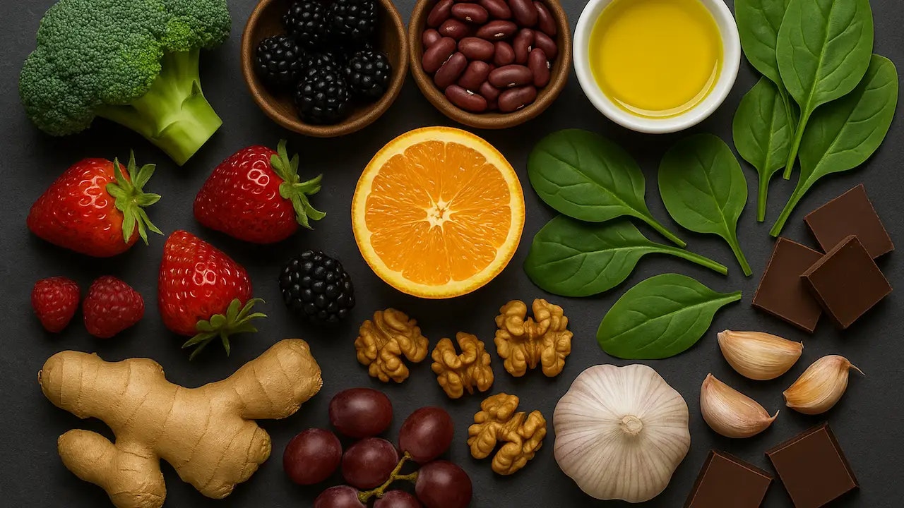 Mehrere Lebensmittel mit Antioxidantien auf dunklem Hintergrund.