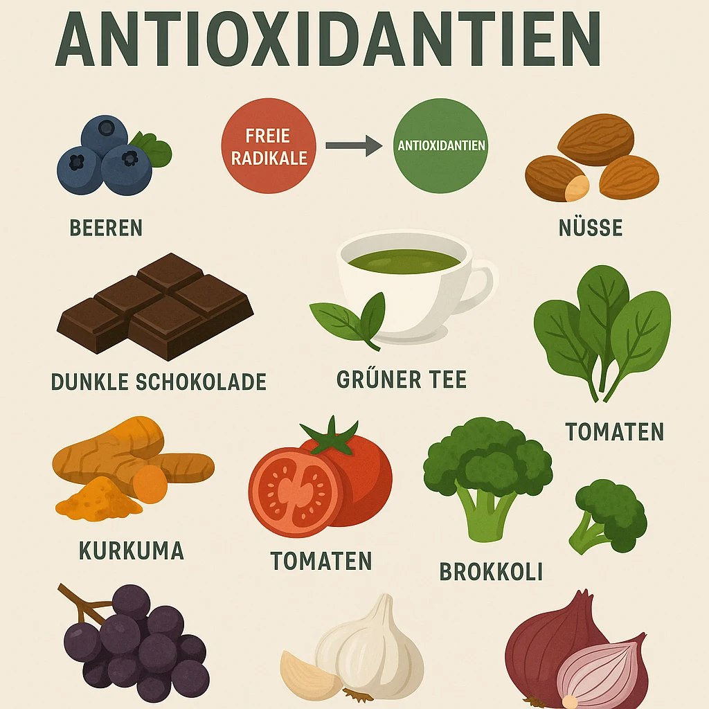 Mehrere Lebensmittel mit Antioxidantien in gezeichnetem Stil auf hellem Hintergrund.