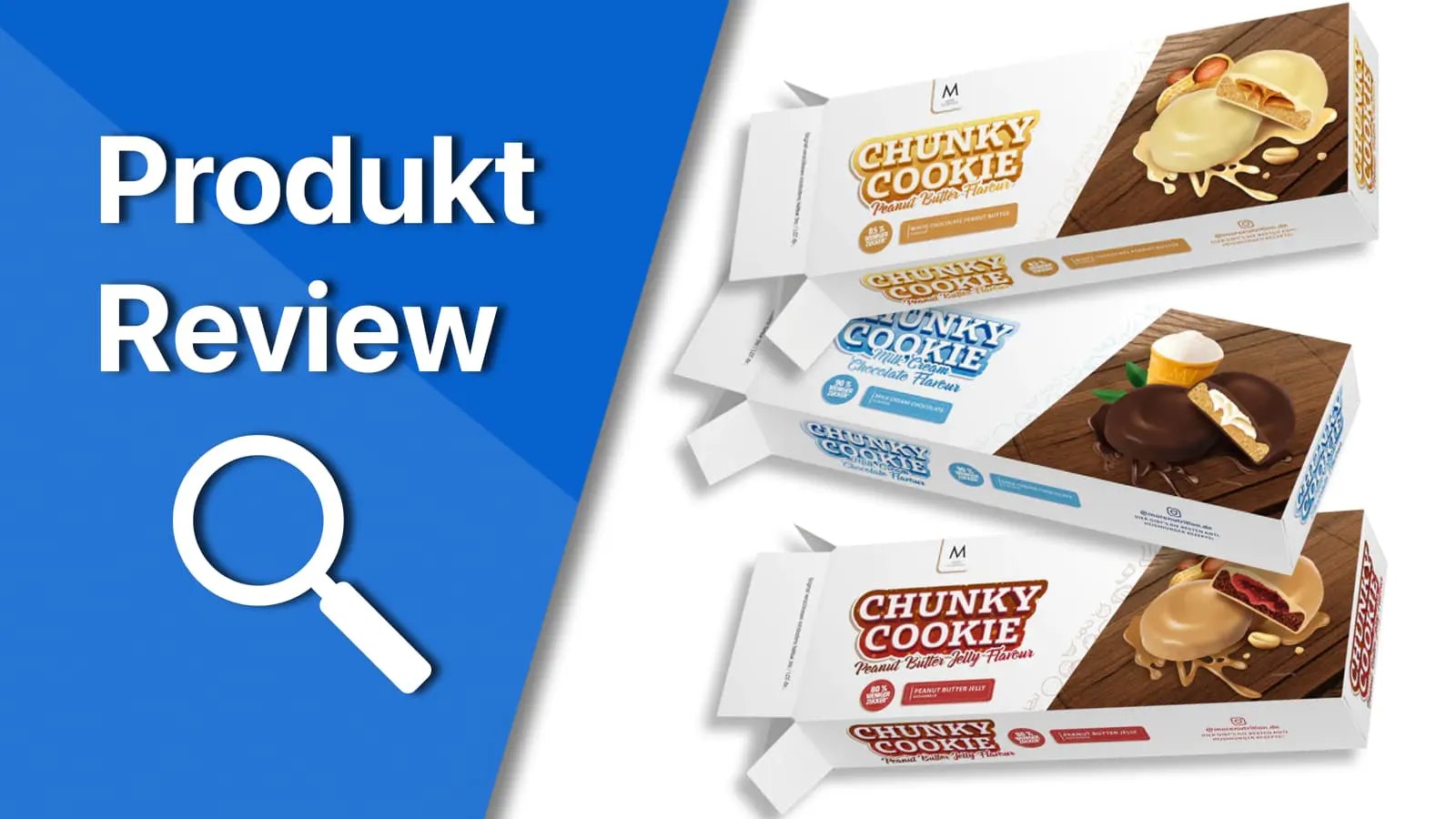 More Nutrition Chunky Cookies im Review. Titelbild auf dem die Geschmacksrichtungen der More Nutrition Chunky Cookies präsentiert werden.
