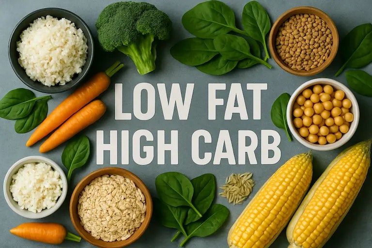 Abnehmen mit der Low Fat Diät. Bild von mehreren Lebensmitteln, die während der Low Fat Diät gegessen werden.