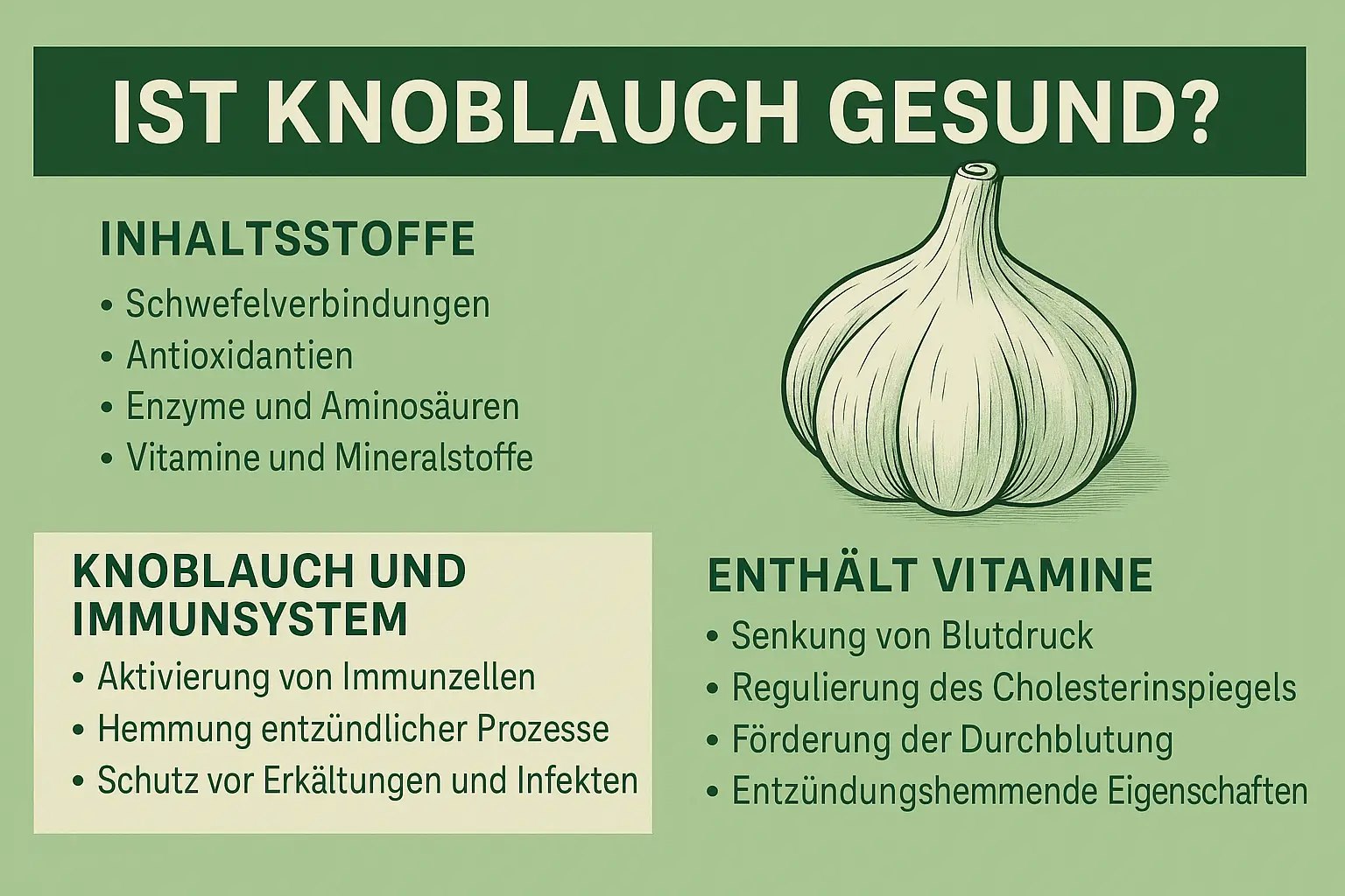 Eine Grafik, welche die Vorteile von Knoblauch darstellt.