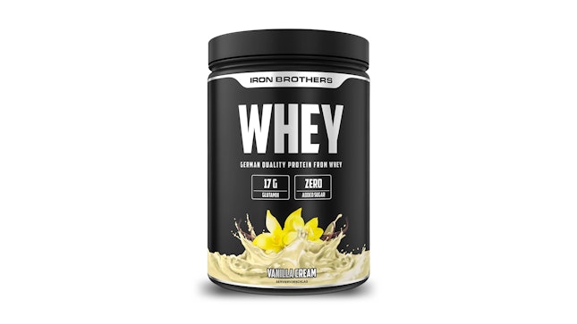Produktbild einer Dose mit Whey Protein von Iron Brothers.