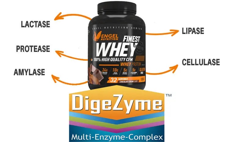 Eine Grafik, welche die Inhaltsstoffe einer Dose Whey Protein von Engel zeigt.
