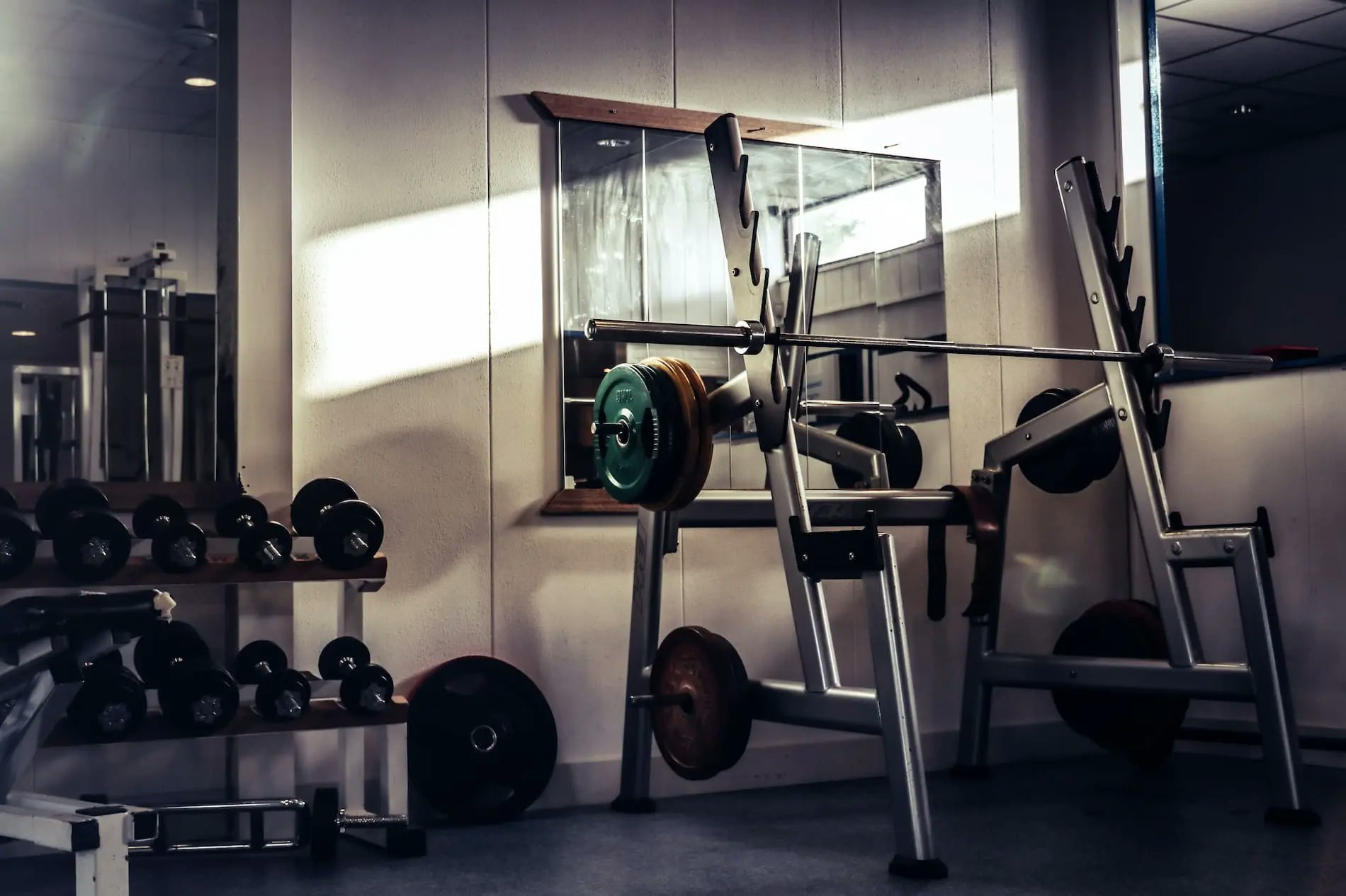 Bild von einem Gym mit mehreren Hanteln.