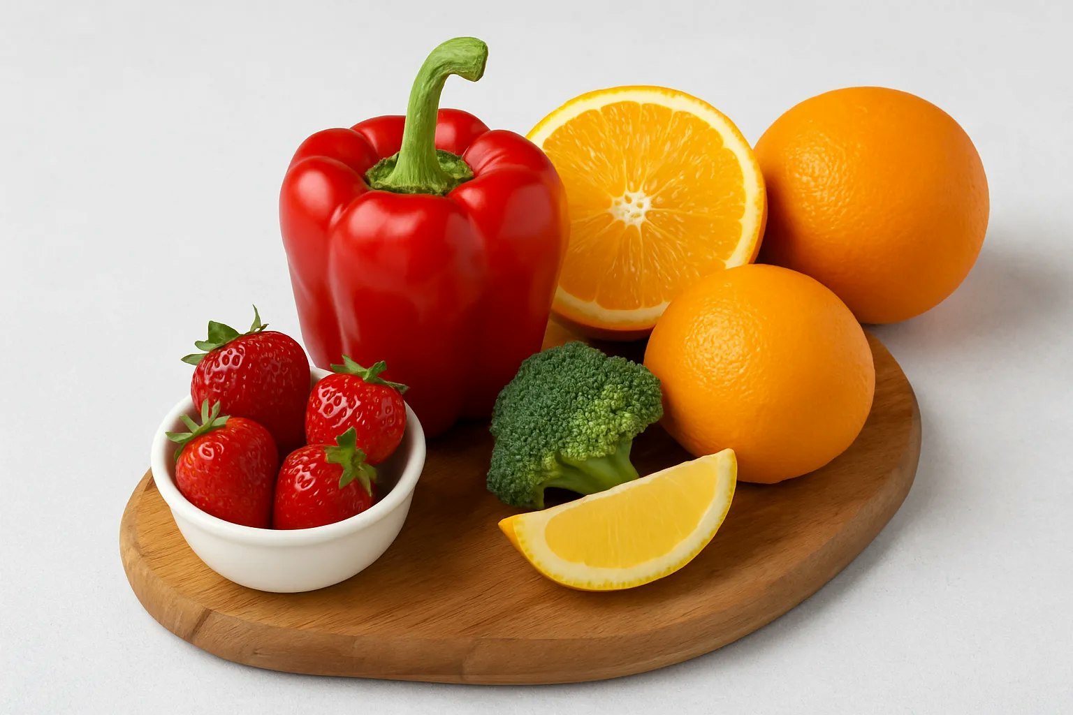 Mehrere Lebensmittel, die Vitamin C enthalten, auf einem Holzbrett.