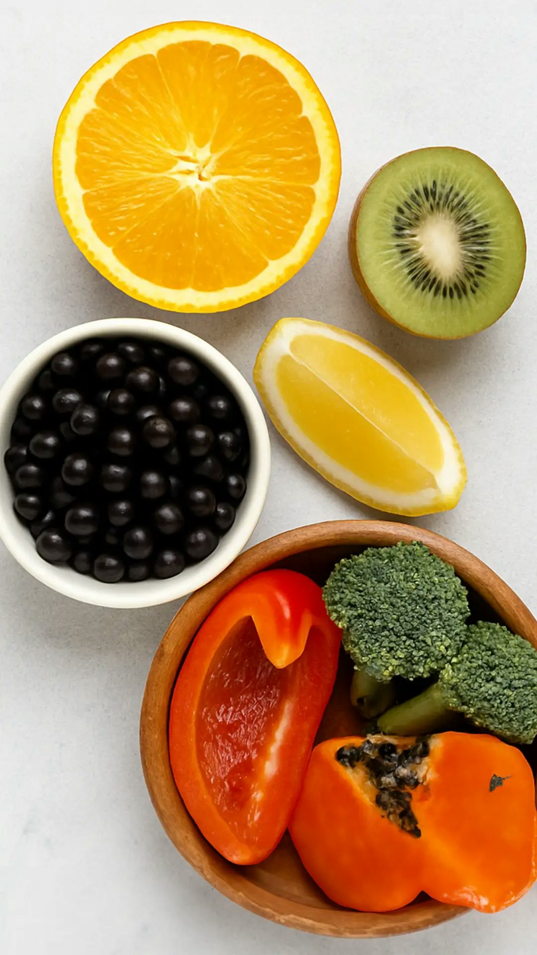 Mehrere Lebensmittel, die Vitamin C enthalten.