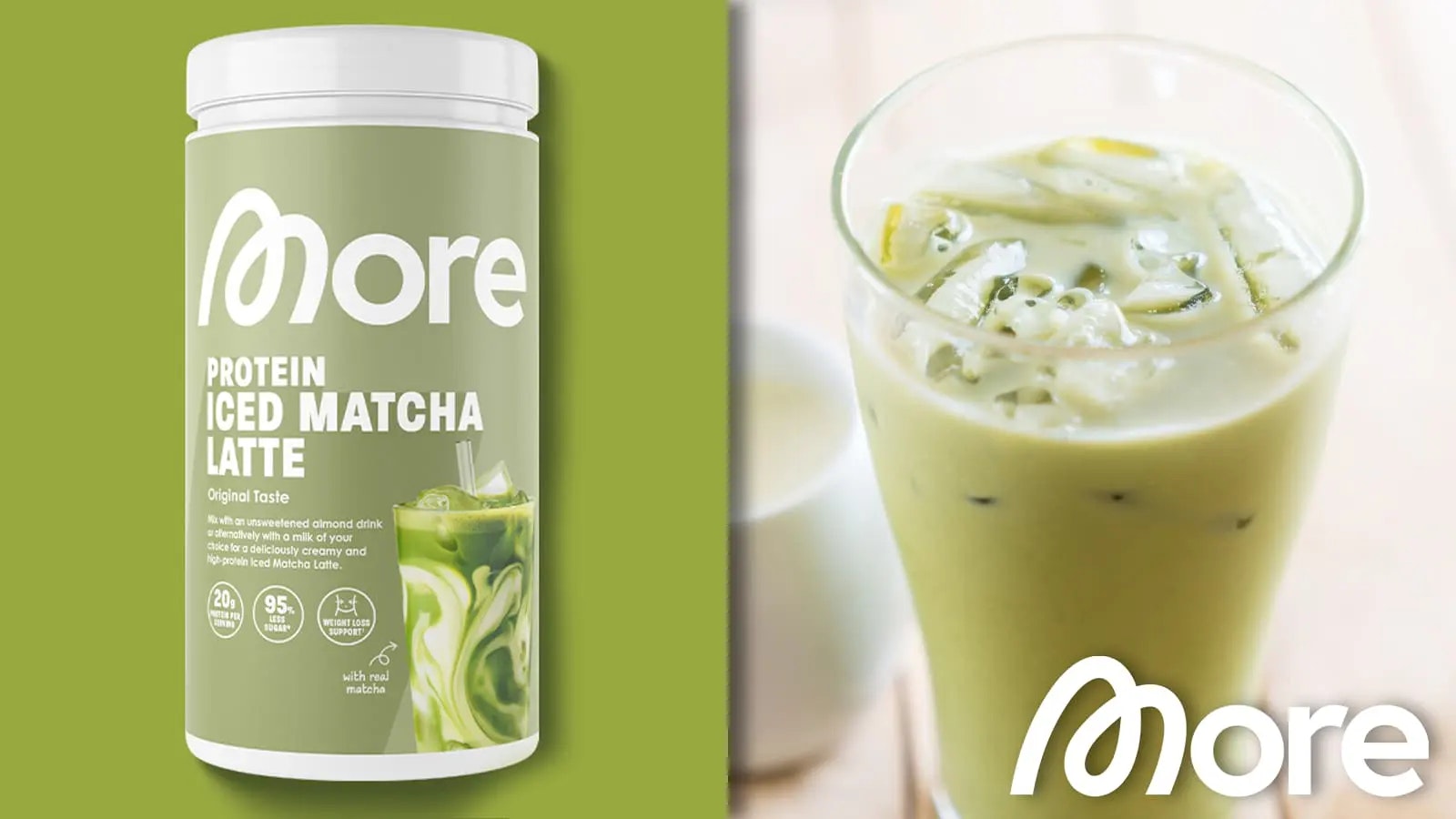Produktbild neben einem Foto von einem Iced Matcha Latte.