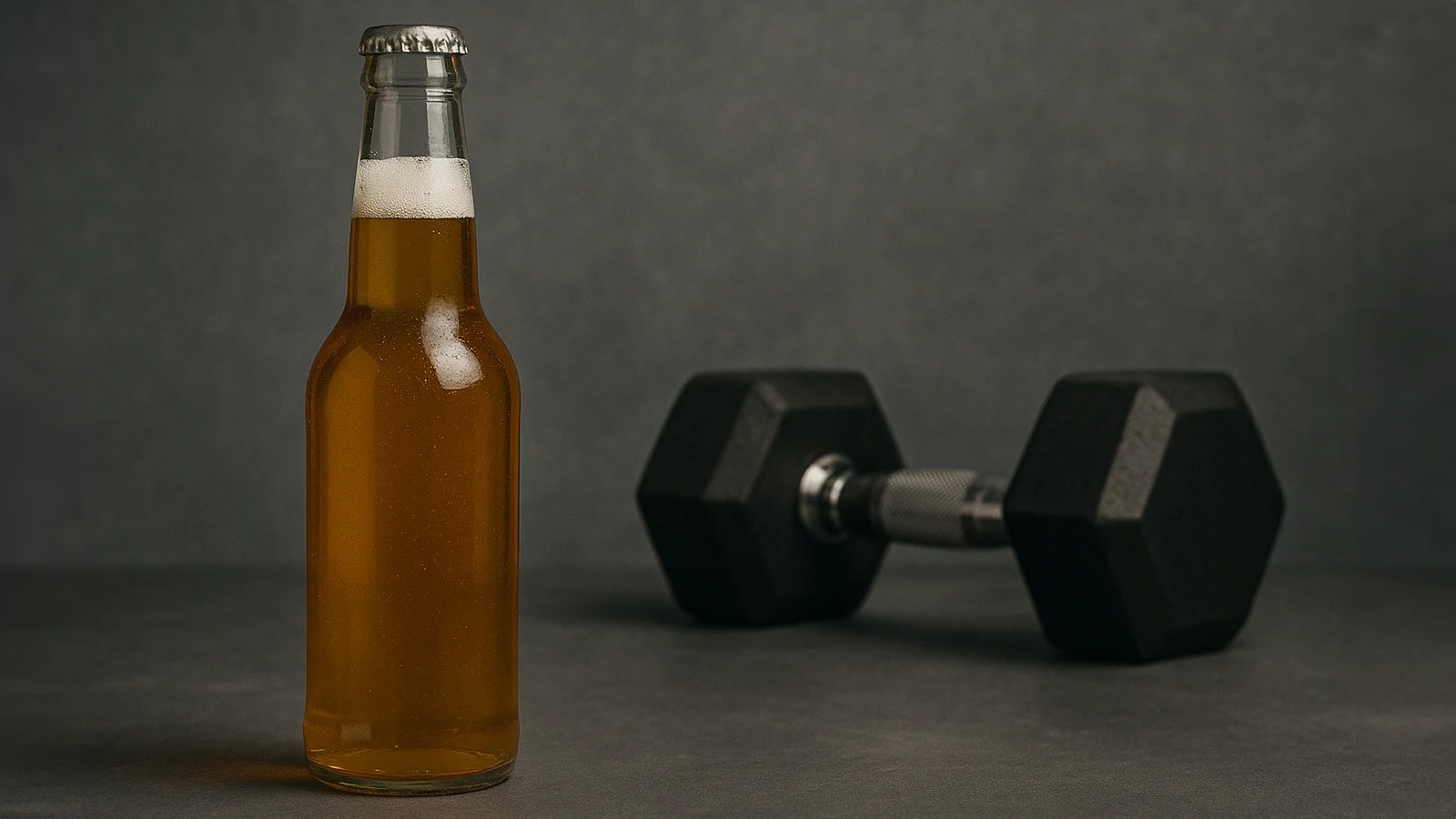 Bild von einer Bierflasche und einer Kurzhantel.