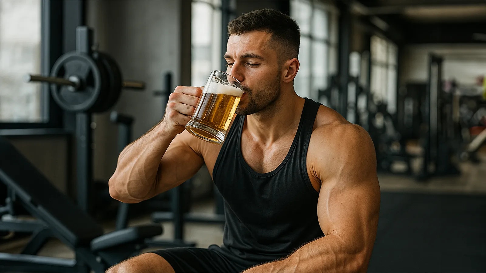 Bild von einem Mann, der ein Bier im Gym trinkt.