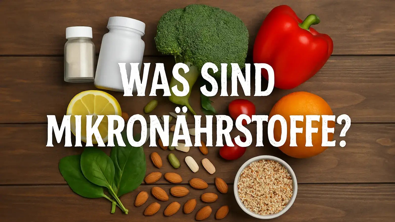 Was sind Mikronährstoffe? Lebensmittel und Supplements auf einem Holztisch.