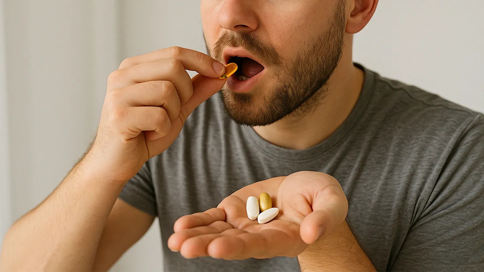 Ein Mann, der Supplements in Pillenform einnimmt.