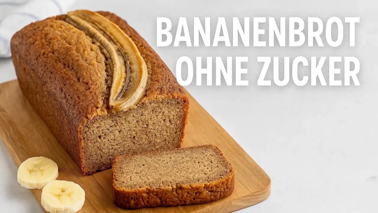 Bild von einem Bananenbrot auf einem Holzbrett.