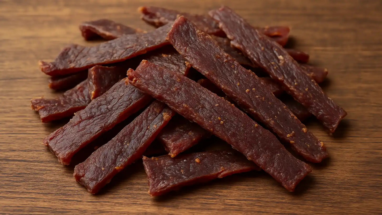Bild von Beef Jerky auf einem Holztisch.
