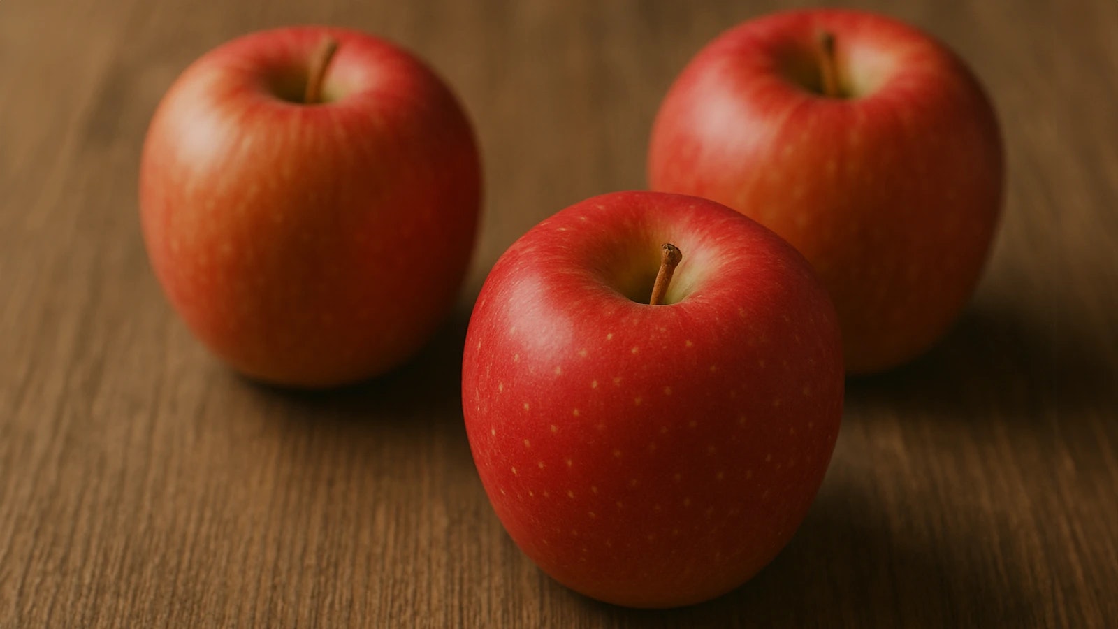 Drei rote Äpfel auf einem Holztisch.