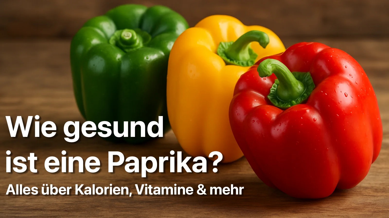 Wie gesund ist Paprika? Bild von drei Paprika auf einem Holztisch.