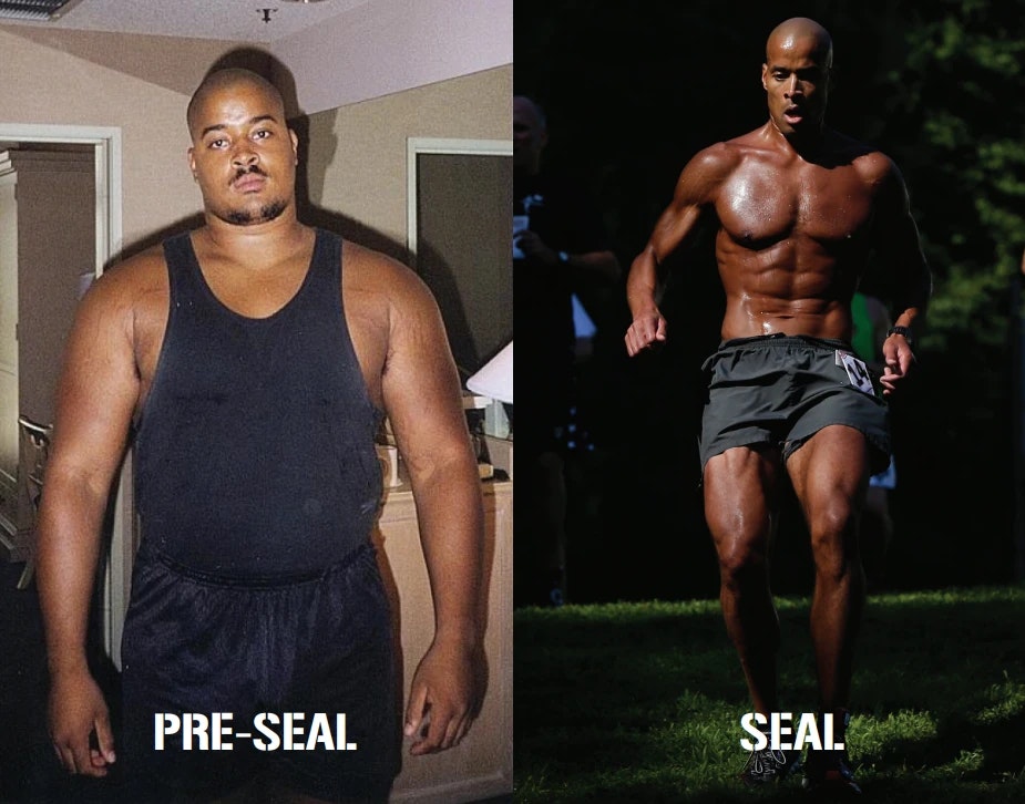 Bild von David Goggins vor und nach seiner Zeit als Navy Seal.