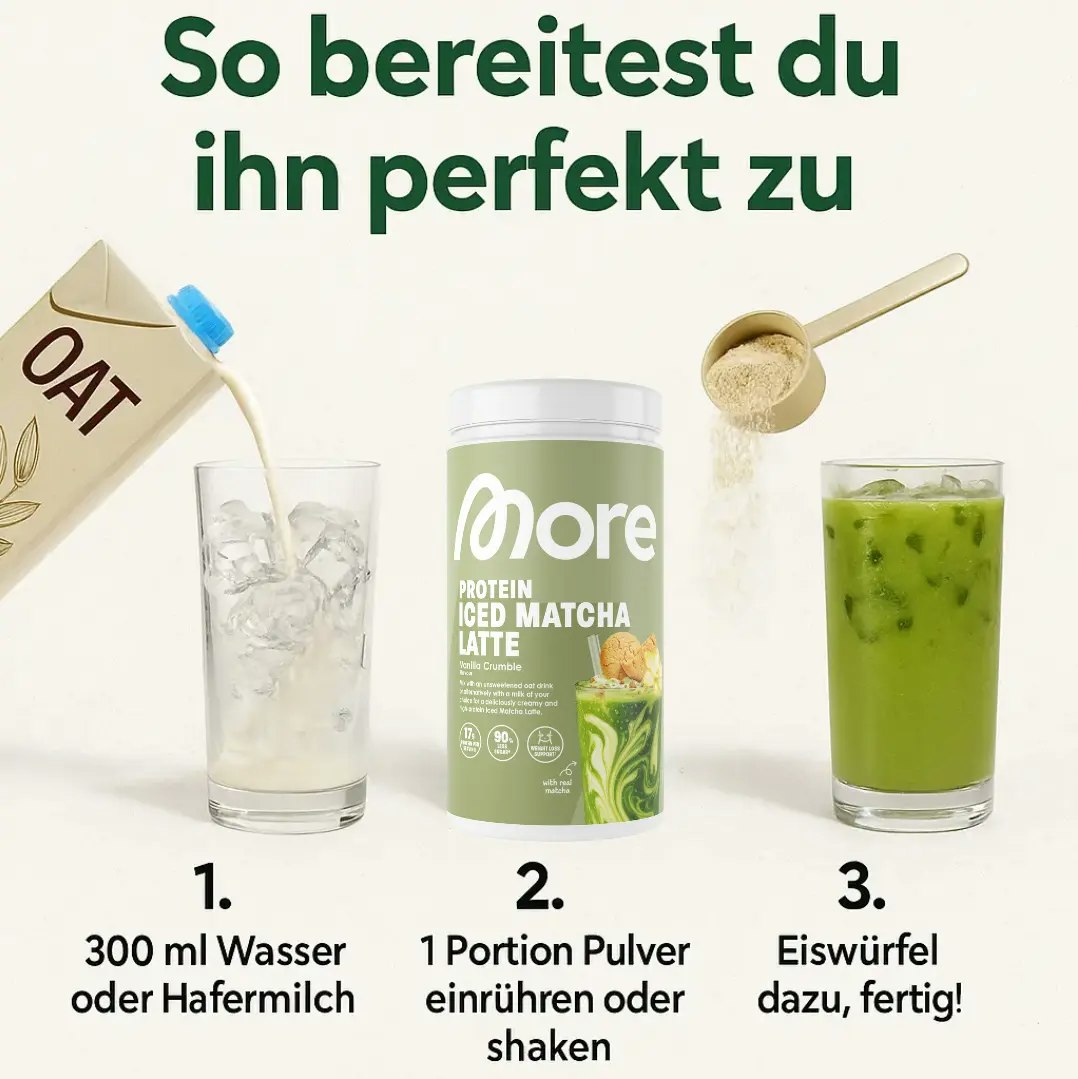 Zubereitungsanleitung vom More Protein Iced Matcha Latte Vanilla Crumble