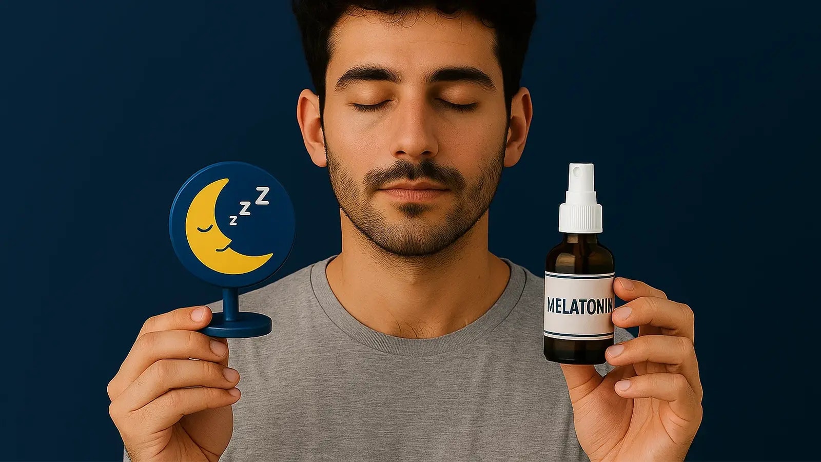 Bild von einem Mann mit geschlossenen Augen und Melatonin in der Hand.