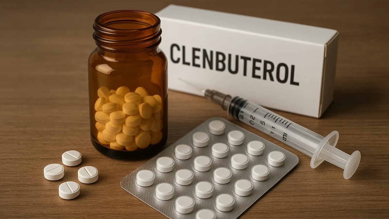 Bild von einer Dose mit Pillen, Tabletten und einer Spritze mit Clenbuterol.