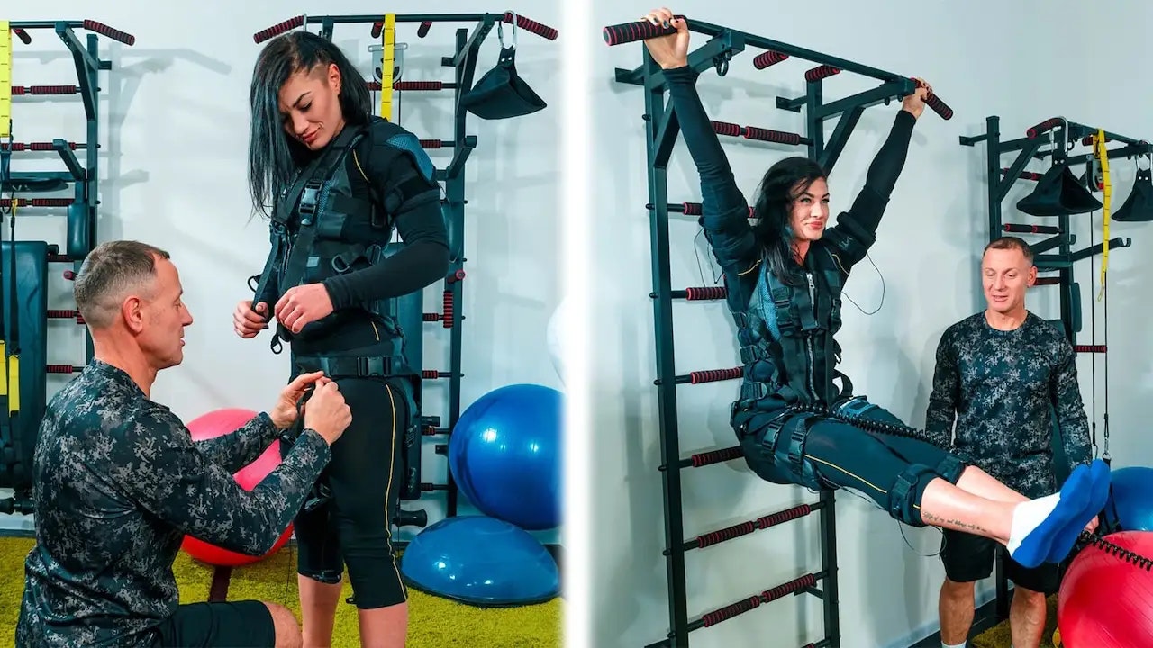 Eine Frau und ein Mann, die beide EMS-Training machen.