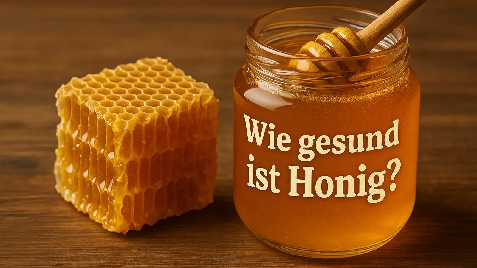 Wie gesund ist Honig? Bild von einem Einmachglas mit Honig neben einer Honigwabe.