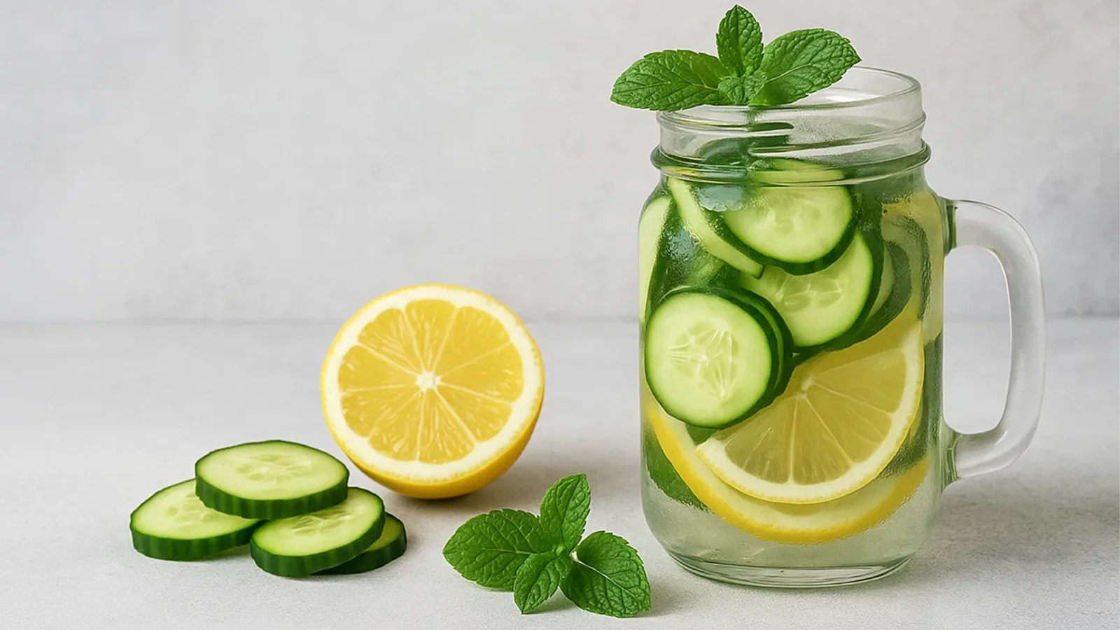Bild von einem Wasserglas voller Zitronen und Gurken.