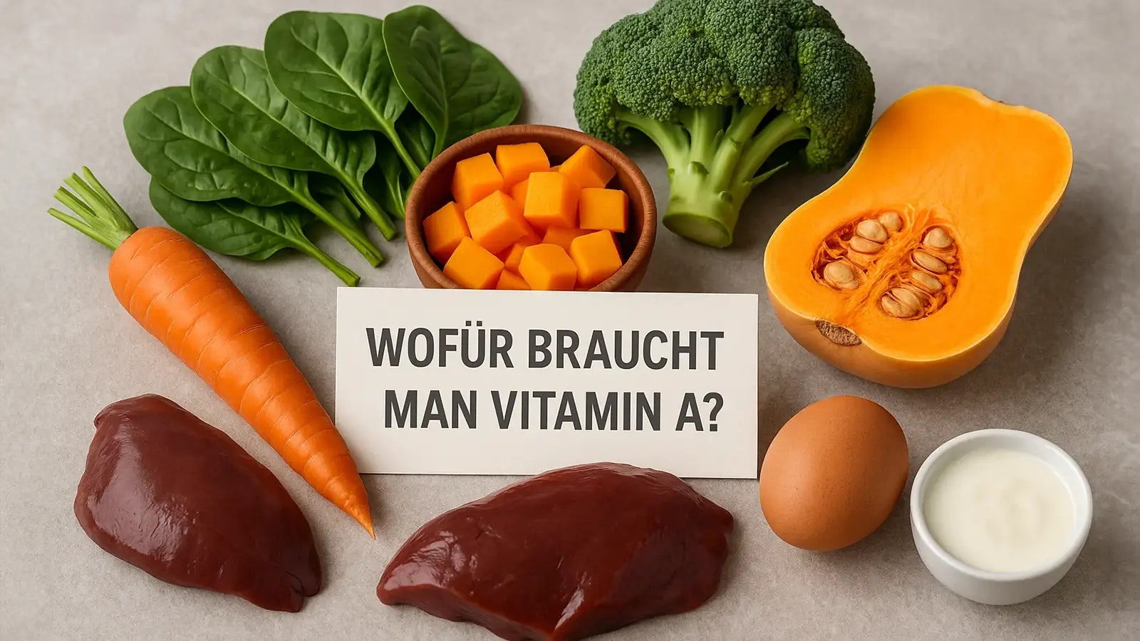 Bild von einem Tisch voller Lebensmittel, die Vitamin A enthalten sollen.
