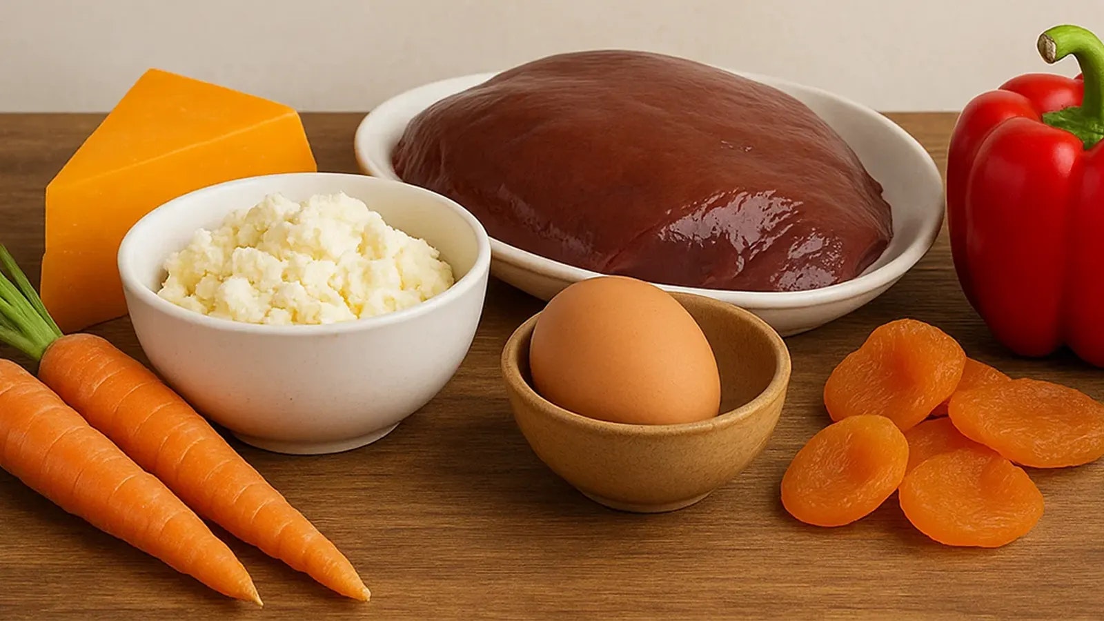 Bild von einem Tisch voller Lebensmittel, die Vitamin A enthalten sollen.