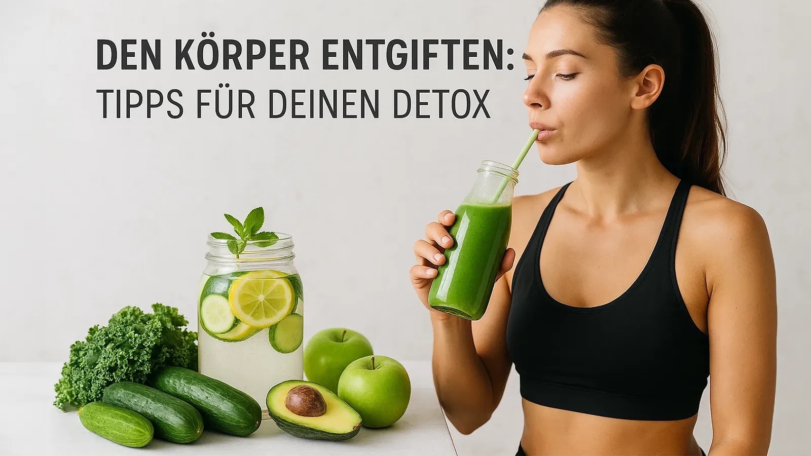 Bild einer Frau neben einem Tisch voller gesunder Lebensmittel.