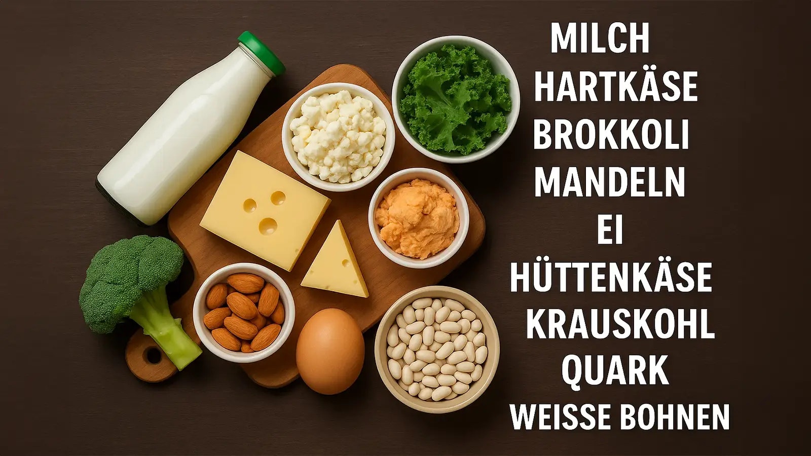 Bild verschiedener Lebensmittel, die viel Calcium enthalten.