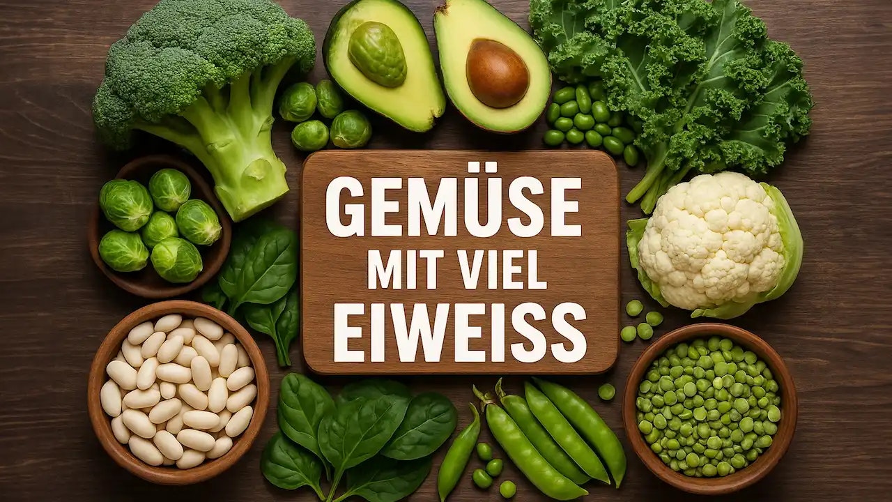 Ein Bild von einigen Gemüsesorten mit viel Eiweiß.