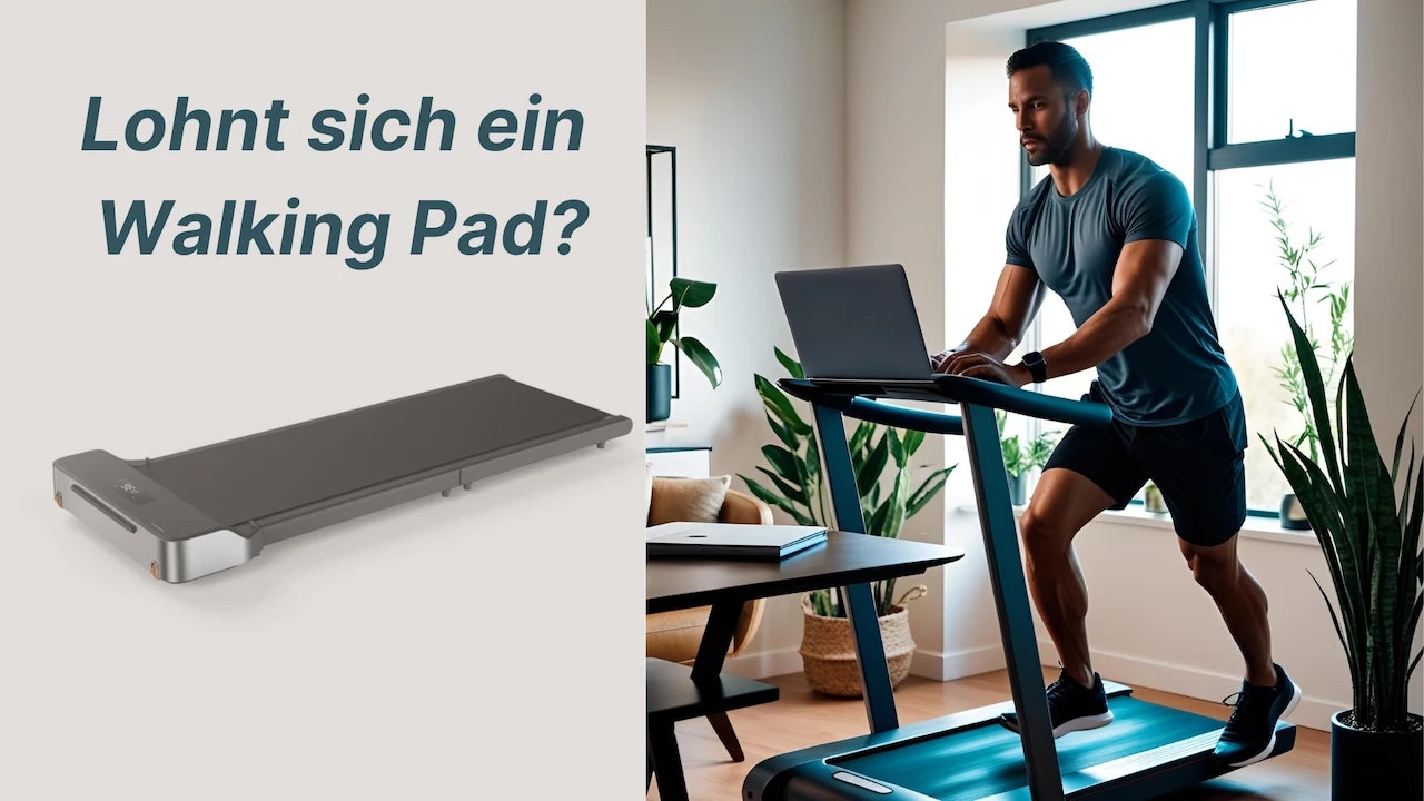 Mann im Homeoffice auf einem Laufband. Er arbeitet am Laptop. Man sieht schöne Pflanzen und ein Tisch, er ist in seinem Büro zuhause.