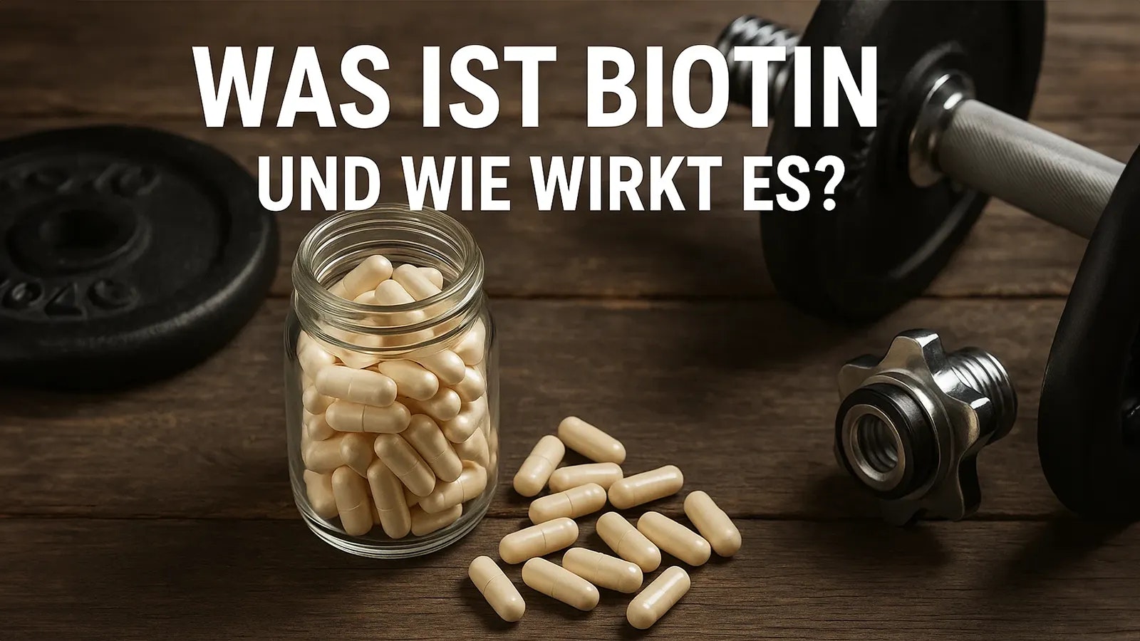 Ein Glas mit Biotin Tabletten neben einer Kurzhantel auf einem Holztisch.