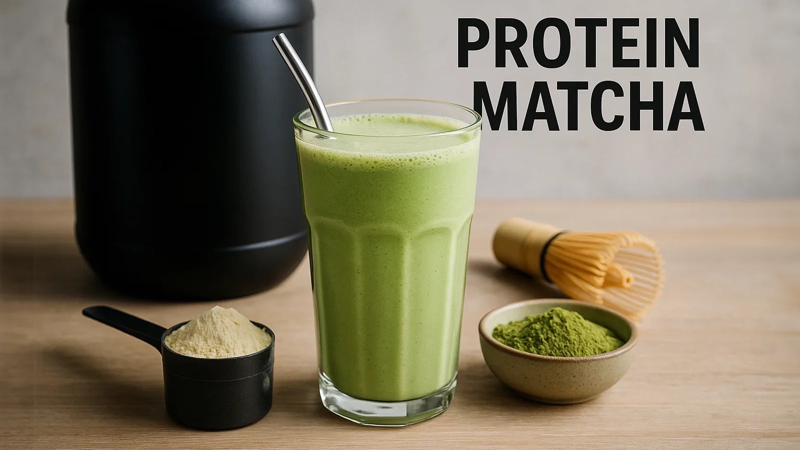Bild von einem Matcha Latte und einem Scor mit Proteinpulver.