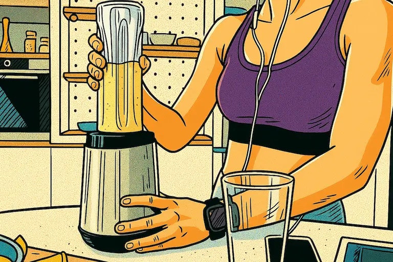 Bild von einer Frau, die einen Protein Shake mit einem Mixer zubereitet.