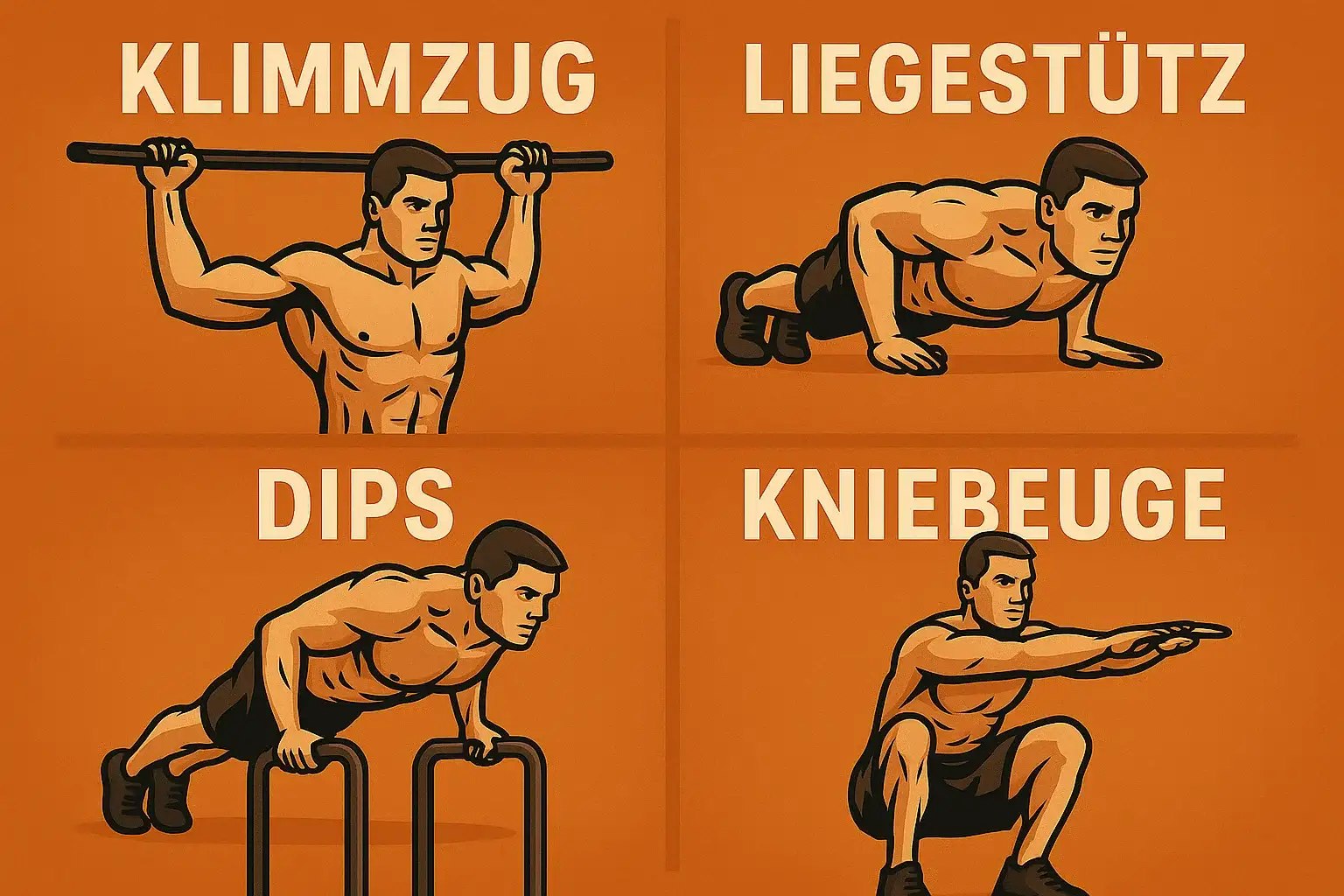 Eine gezeichnete Darstellung von vier verschiedenen Calisthenics Übungen.
