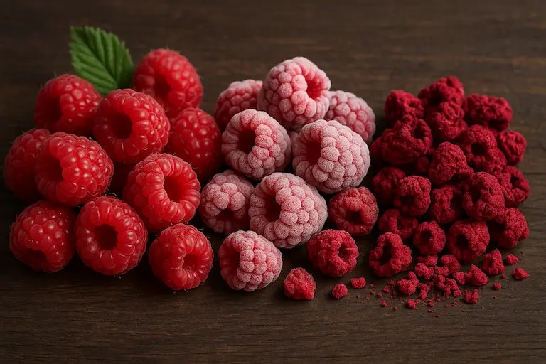 Bild von TK Himbeeren, frischen Himbeeren und Gefriergetrockneten Himbeeren