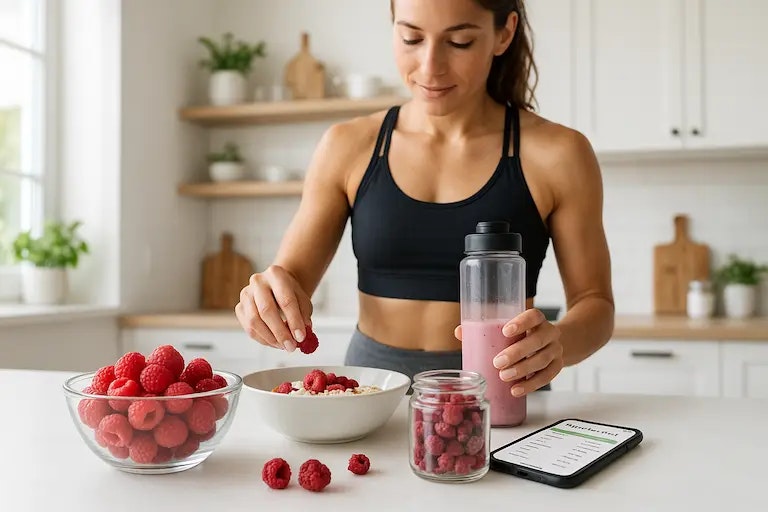 Frau die Himbeeren in ihr Frühstück anrichtet