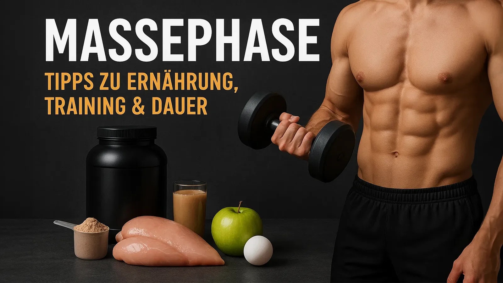 Bild von einem Muskulösen Mann neben Lebensmitteln für die Massephase.