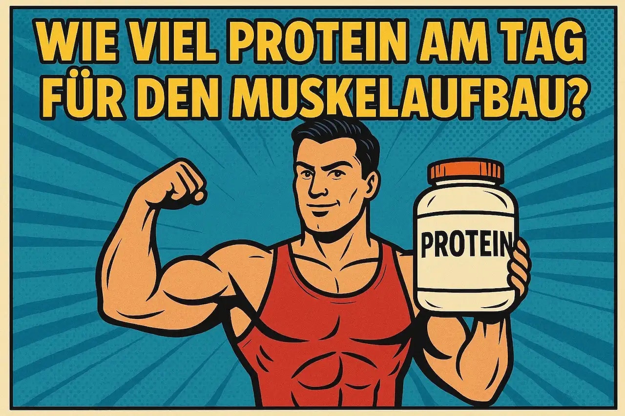 Zeichnung von einem muskulösen Mann mit einer Dose Whey Protein in der Hand.